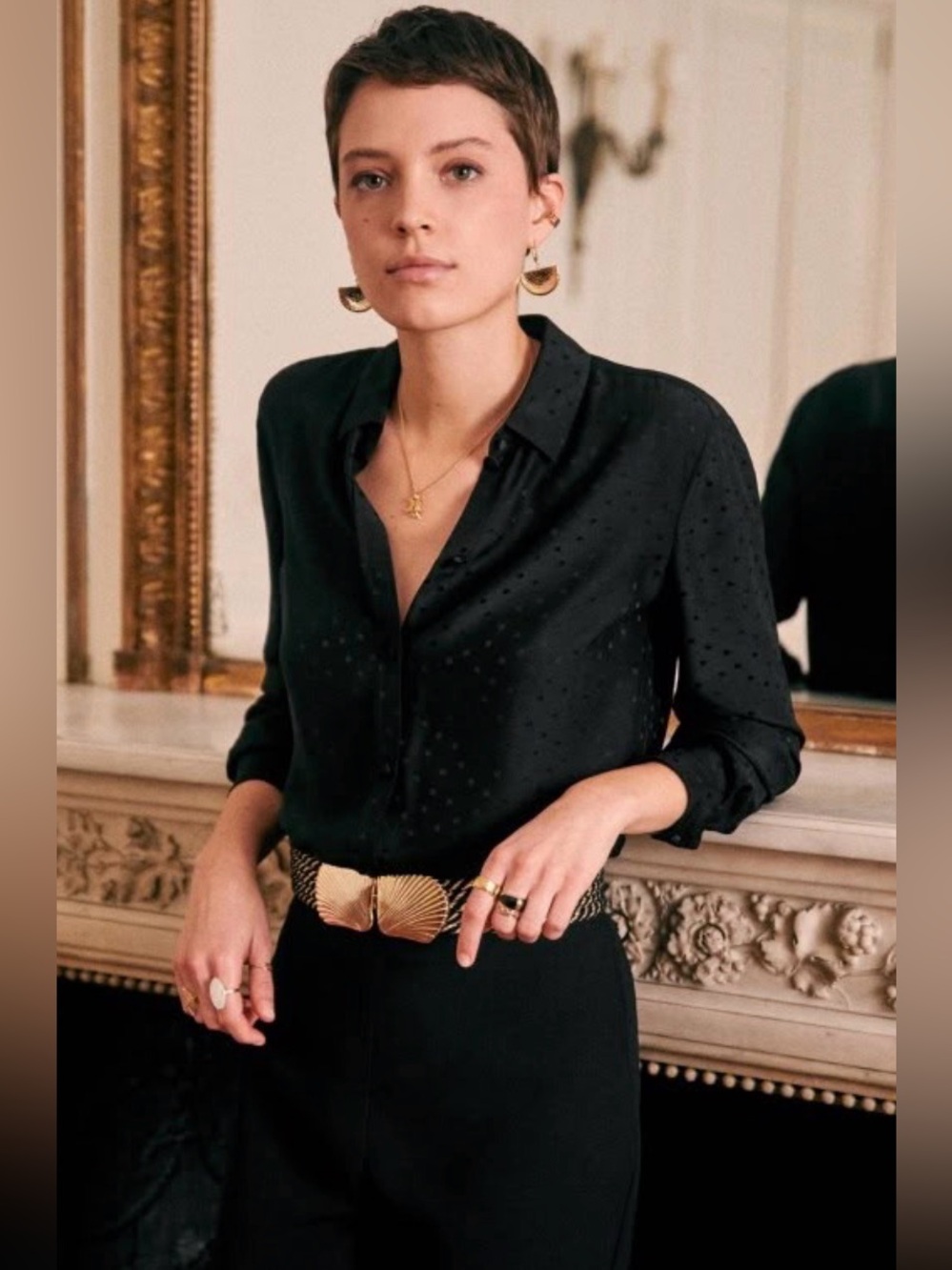 Sezane Ann Blouse - Black Satin Dot Long-Sleeve Shirt - Women's
